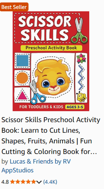 Example scissor skills preschool activity book on Amazon