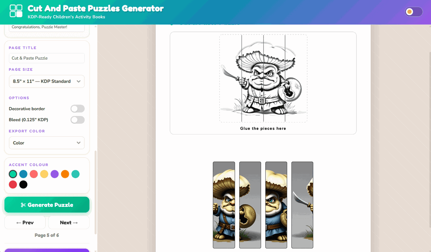 Cut and Paste Puzzles Generator app showing a find the missing pieces page