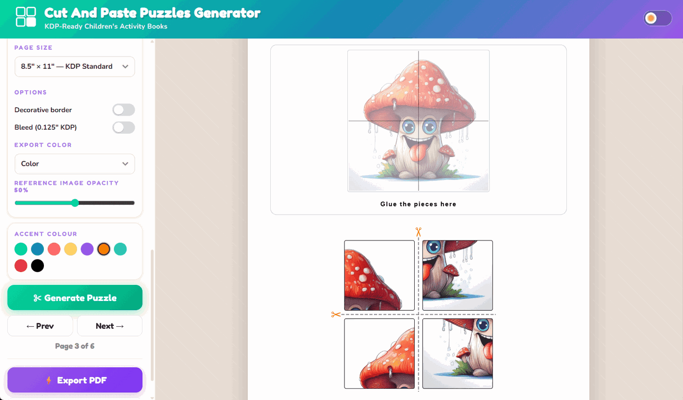 Cut and Paste Puzzles Generator app generating a puzzle page