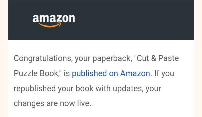 Amazon KDP publishing confirmation email for a Cut & Paste Puzzle Book